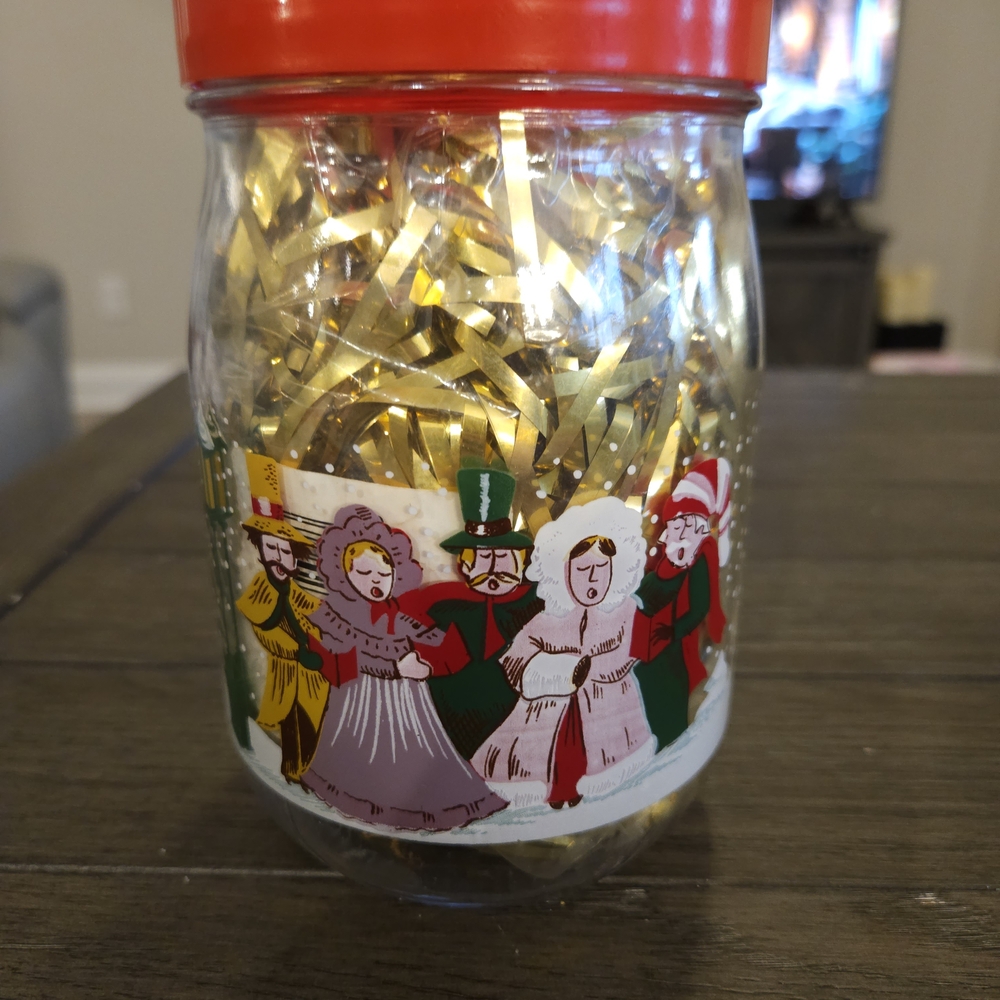 Festive Jar with Gold Tinsel and Holiday Characters